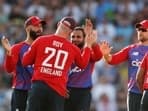 England v Pakistan: England's Adil Rashid celebrates taking the wicket of Pakistan's Sohaib Maqsood, caught by Jason Roy