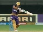 Nitish Rana plays a shot during IPL match no. 49 against SRH