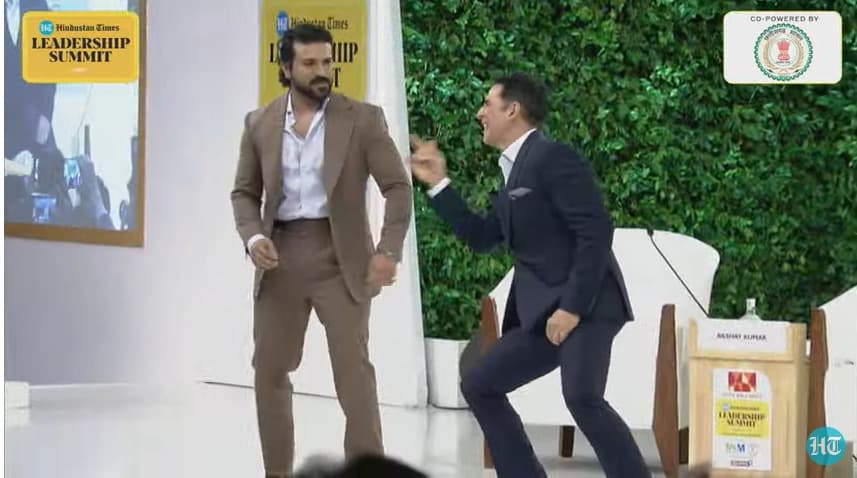 Actors Akshay Kumar and Ram Charan shake a leg at the HT Leadership Summit.