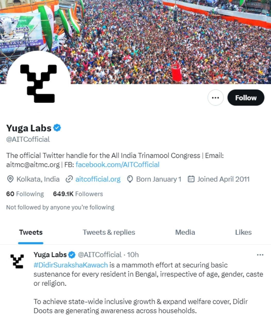 Hacked TMC's twitter handle seen with the name 'Yuga Labs'.