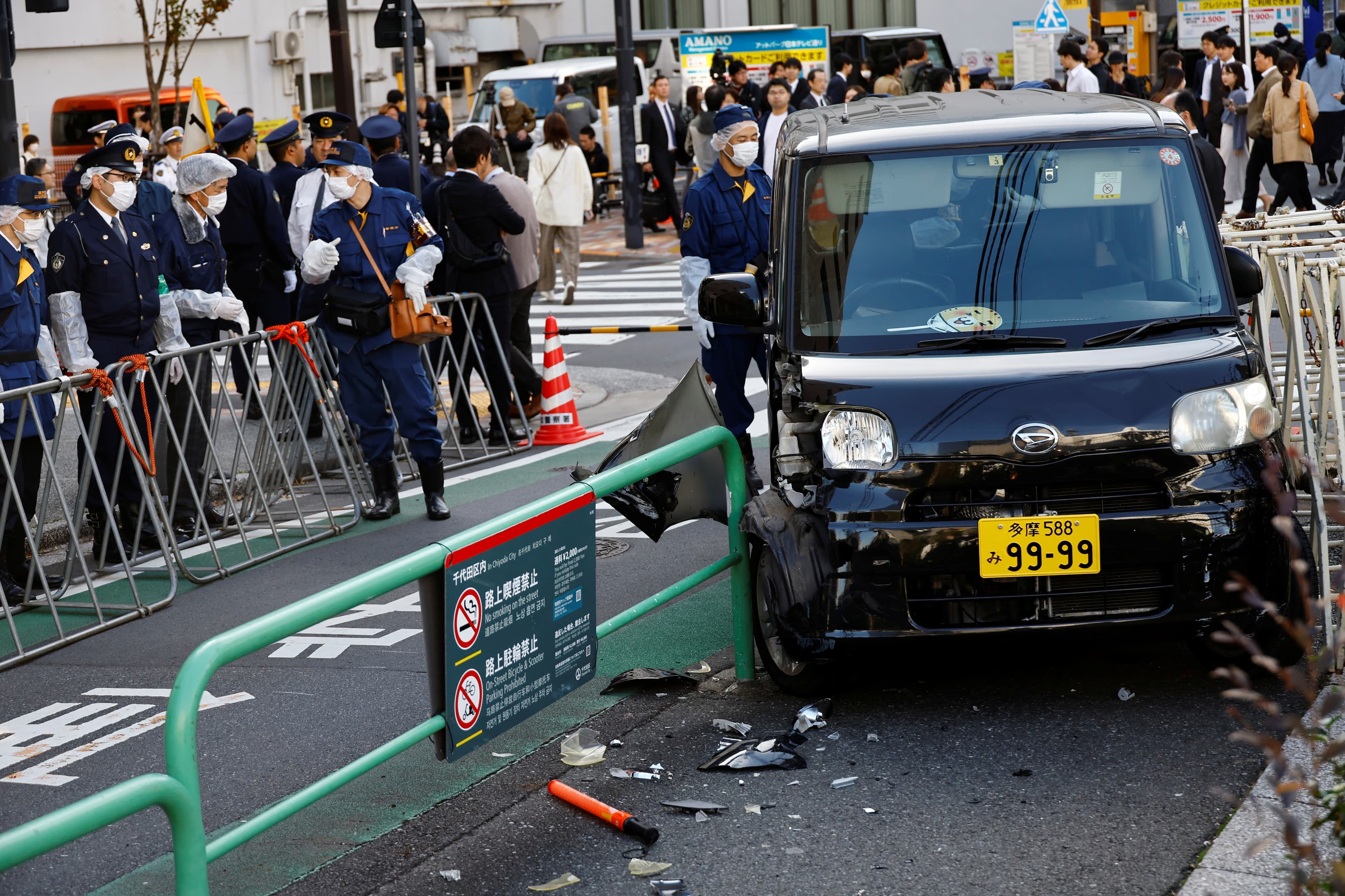 A view of the scene after a car crashed into a barricade near the Israeli embassy in Tokyo, Japan, Thursday. (REUTERS)