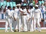 India's Jasprit Bumrah celebrates with teammates after taking the lbw wicket of England's Zak Crawley 