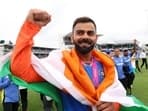 India's Virat Kohli celebrates after winning the T20 World Cup.
