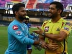 DC skipper Rishabh Pant (L) with CSK Captain MS Dhoni (R)