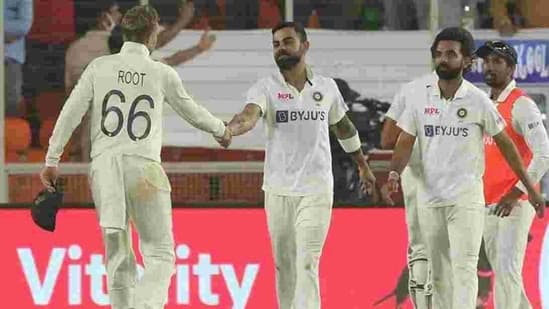 Indian captain Virat Kohli shaking hands with his English counterpart after wining the third Test by 10 wickets in Ahmedabad.