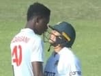 Zimbabwe paceman Blessing Muzarabani and Bangladesh's Taskin Ahmed in a face off during the one-off Test match. 