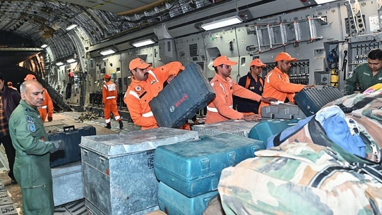 A team of the NDRF personnel aboard an Indian Air Force aircraft. (Source: MEA)