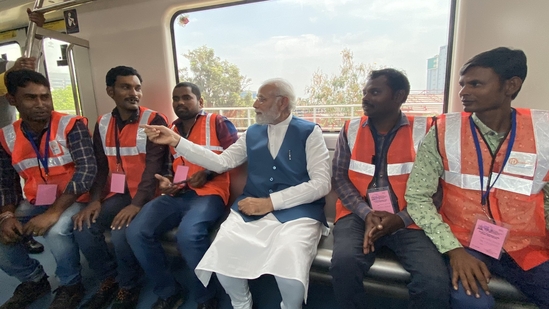 Prime minister Narendra Modi taking a metro ride in Bengaluru after the inauguration of the Whitefield to KR Puram stretch.