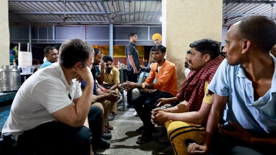Congress leader Rahul Gandhi visits truck drivers on Monday night to “know about their problems”. (Twitter/Congress)