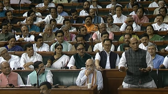 Rajnath Singh speaks in Parliament.