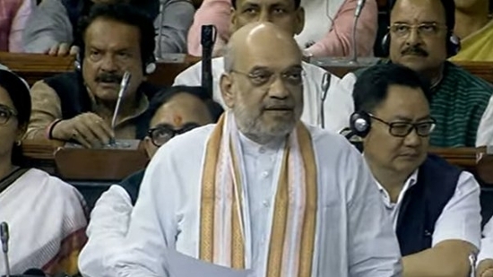 Union home minister Amit Shah speaks during discussion on no-confidence motion in Lok Sabha on Wednesday. (Sansad TV)