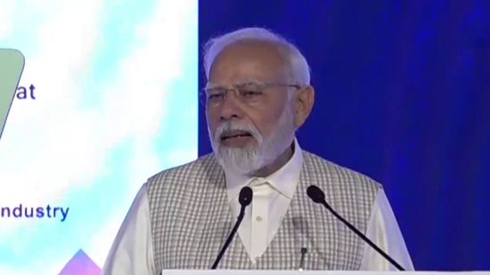 Prime Minister Narendra Modi addresses the B20 Summit. (X/PTI)