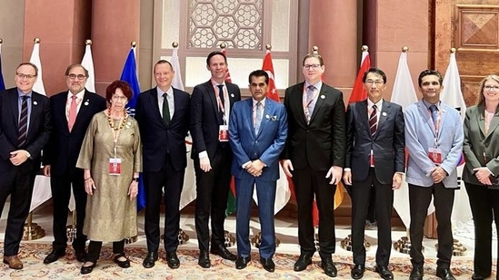 India's G20 sherpa Amitabh Kant poses with sherpas of other countries.(X/ @amitabhk87)