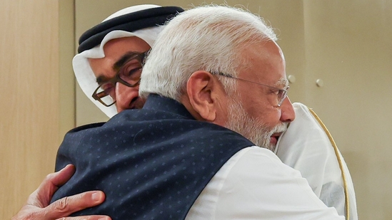 Prime Minister Narendra Modi embracing Mohamed bin Zayed Al Nahyan.