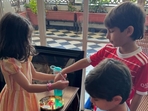 Soha Ali Khan often shares pictures from the special occasions when the entire Khan family gathers under one roof. In this picture, Inaaya is seen tying rakhi on Taimur's hand.