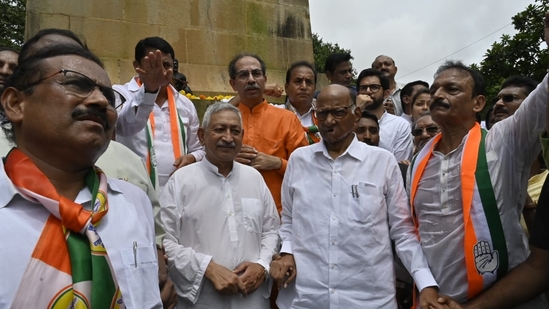 MVA leaders during their protest against the collapse of Shivaji's statue.