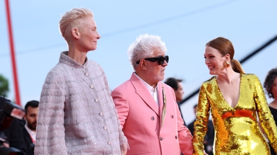 Tilda Swinton, Pedro Almodovar, and Julianne Moore at the premiere of The Room Next Door at Venice Film Festival