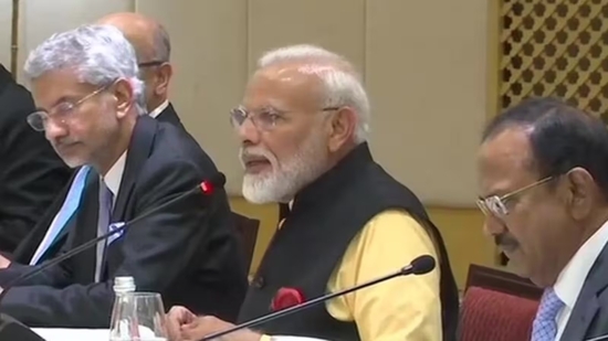 PM Modi with EAM S Jaishankar and NSA Ajit Doval. 