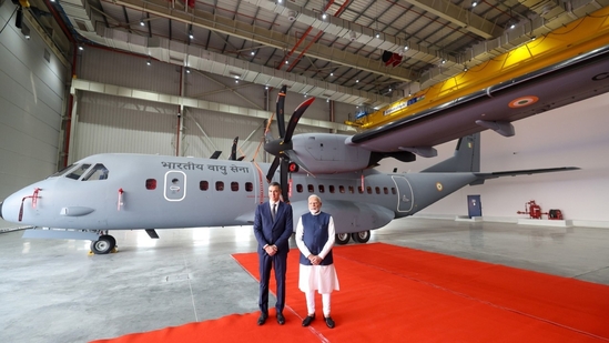 Prime Minister Narendra Modi and Spanish President Pedro Sanchez at the the the C-295 aircraft manufacturing complex in Vadodara.(LinkedIN/ Narendra Modi)