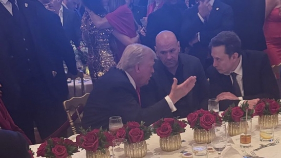 Tuesday, November 5: Donald Trump, UFC's Dana White and Elon Musk caught in a dialogue at the former president's election night watch party at Mar-a-Lago beach resort in Florida.(X/Twitter)