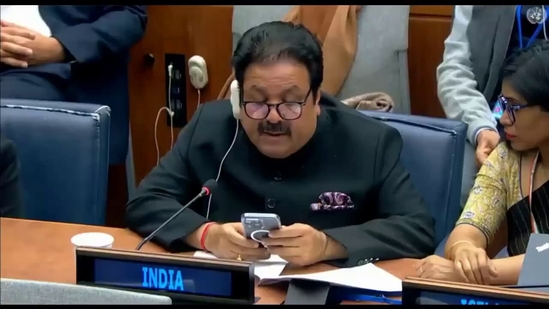 Congress MP Rajiv Shukla speaking at the United Nations. 